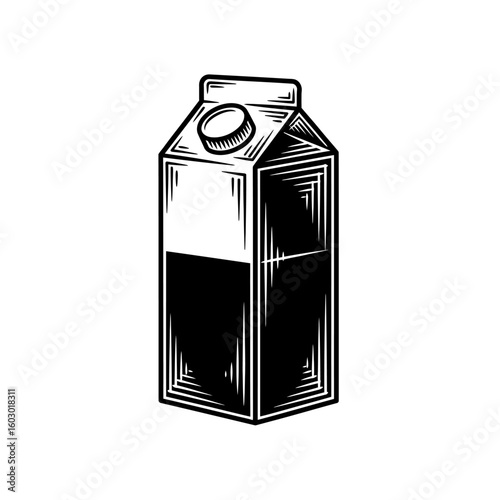 A black and white illustration shows a carton of milk