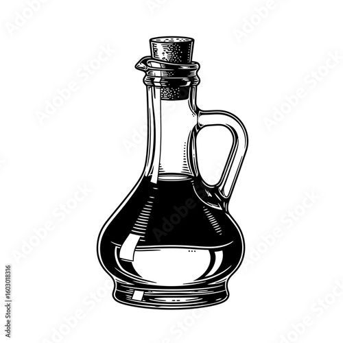 A black and white illustration depicts a bottle of oil