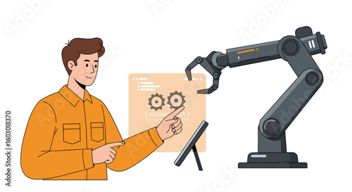 Engineer interacting with robotic arm using touchscreen in industrial
