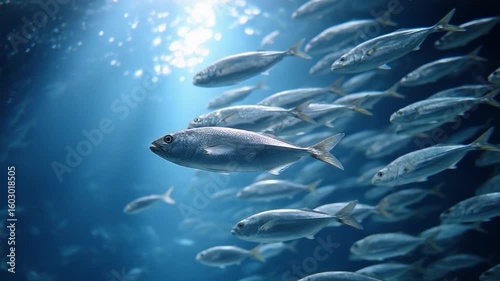 Oceanic ballet: A mesmerizing shoal of fish elegantly glides through the deep ocean, their synchronized movements and shimmering scales create a captivating visual spectacle.