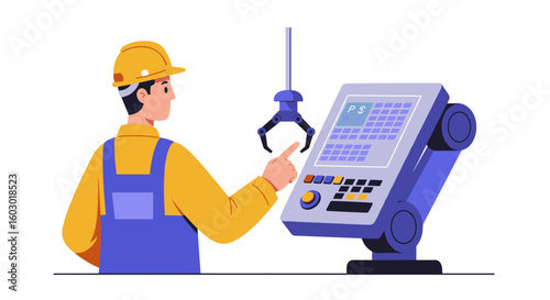 Factory worker operating industrial robot arm with control panel in mo