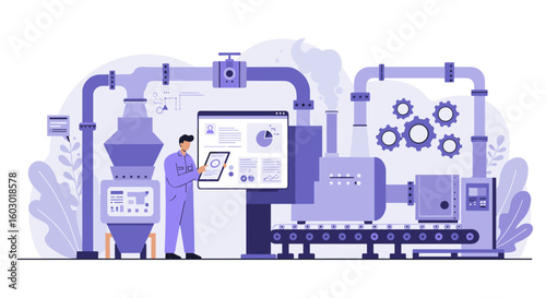 Modern factory automation with engineer monitoring industrial machiner