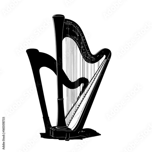 A classic harp stands tall representing music elegance and cultural heritage