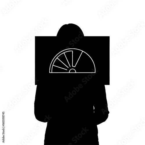 A person has a screen for a head with a glowing pink semicircle