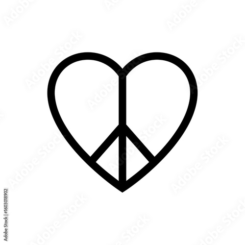 A black and white peace symbol inside a heart shape on a white background
