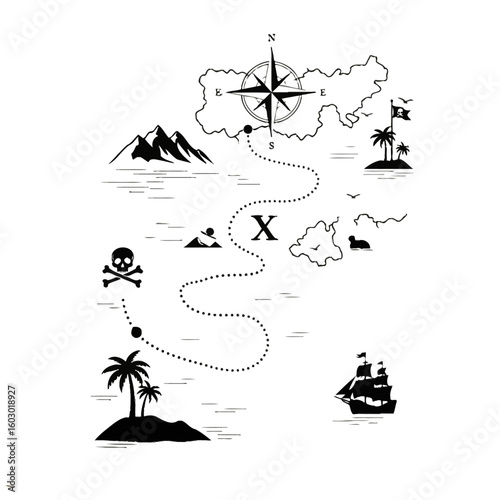 An old pirate treasure map shows the route to the treasure