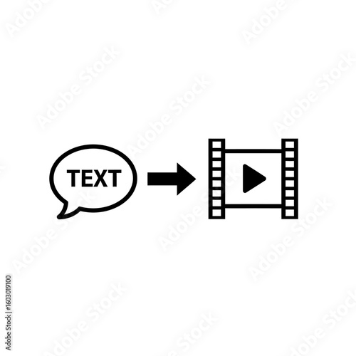 A text bubble with an arrow pointing to a film reel represents text to video conversion