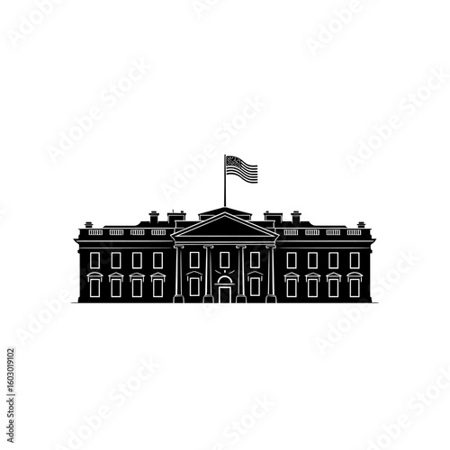 The white house is shown in silhouette with an american flag