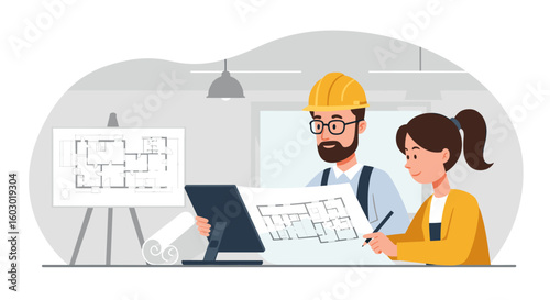 Architects collaborating on building design in modern workspace