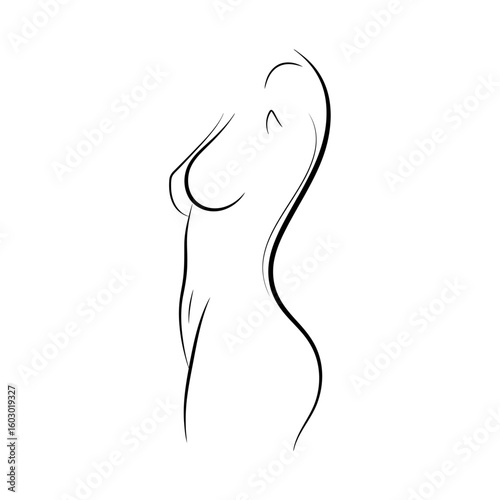 A minimalist line drawing depicts the elegant silhouette of a womans body