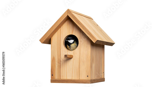 Bird peeking out of handmade birdhouse in spring garden isolated on white background