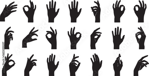 Collection of black hand gestures isolated on transparent background