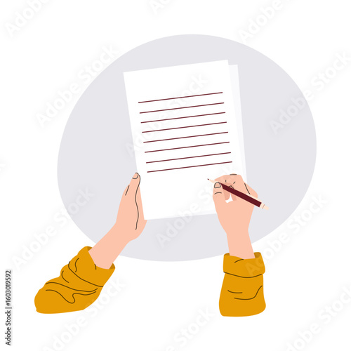 Hands hold a pen and write on paper. A person writes a letter, signs a document. The concept of an agreement, notarization of a document, signing a contract. Vector illustration in flat style.