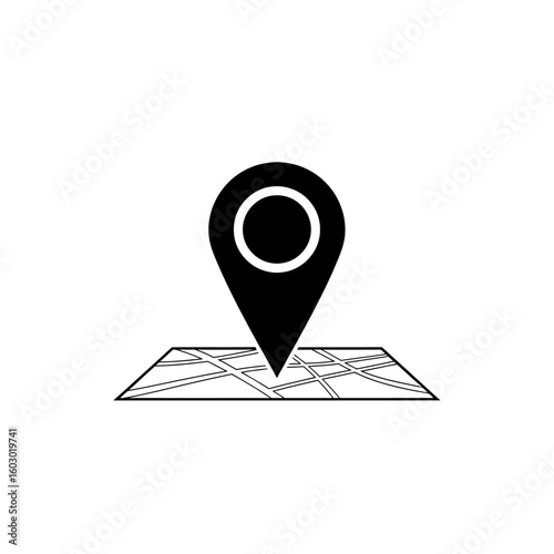 A black and white icon shows a map location pin on a grid