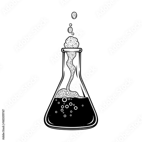 A black and white illustration shows a chemistry flask with a bubbling liquid inside