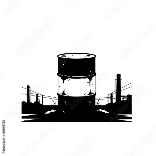 An oil barrel sits amidst an industrial wasteland symbolizing pollution and environmental damage