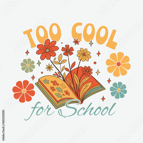 A cheerful illustration of a book with flowers, expressing excitement for school. This vibrant graphic design features an open book adorned with colorful flowers, conveying a positive and enthusiastic