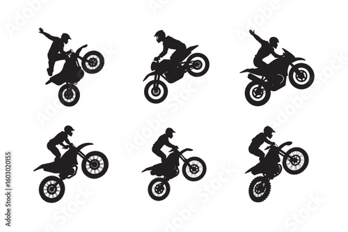 black silhouette motorcycle stunt rider set bundle on white background