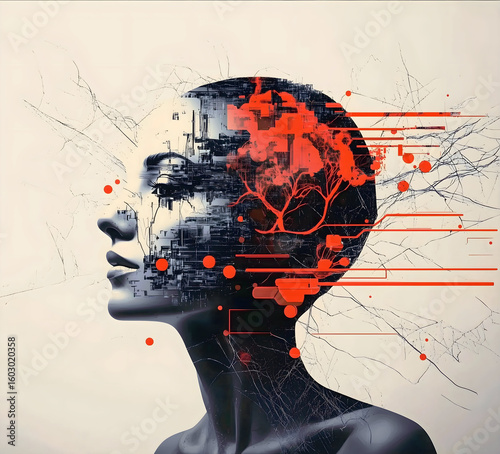 Overthinking, restlessness and burnout. Modern, conceptual illustration of a female figure overwhelmed by intrusive thoughts, emotional stress, anxiety, mental overload and psychological struggle.