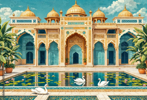 Mughal Emperor's Palace with Lake and Swan – Watercolor Vector Wallpaper Mural for Living Room Decoration