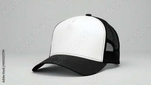 A black and white trucker style baseball cap.