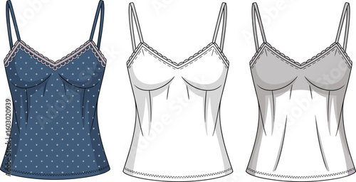 Cad drawing flat vector illustration of three camisole tops template, lace trim details, blue polka dot, white, gray view