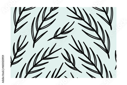 Seamless pattern sketchy branches with leaves on light blue hand drawn