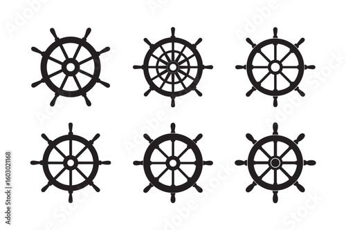black silhouette of ship steering wheel set bundle on white background