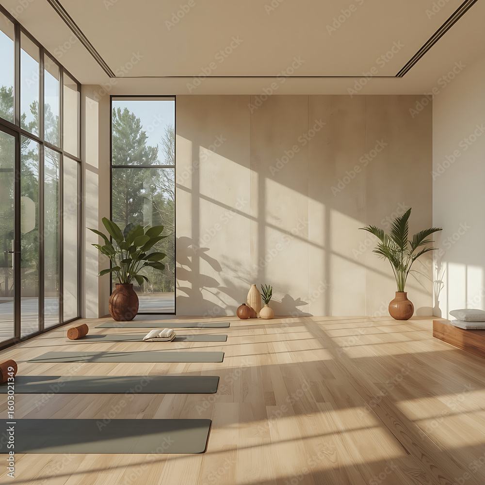 Fototapeta premium A serene yoga studio in a holistic wellness center offers a calm atmosphere, natural light, minimalist design, spacious floor, and a peaceful environment for meditation, stretching, and mindfulness.
