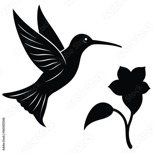 Black silhouette of a hummingbird hovering near a flower