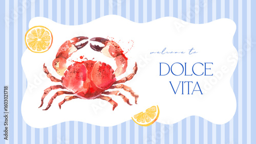Hand drawn seafood retro poster. Crab with lemon slice on striped background in soft pastel colors. Vector illustration.