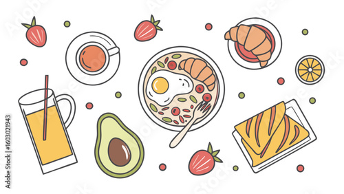 Healthy Breakfast Doodle Vector Illustration – Line art of morning food including eggs, toast, croissant, juice, coffee, avocado, and fruits in a colorful flat design style.
