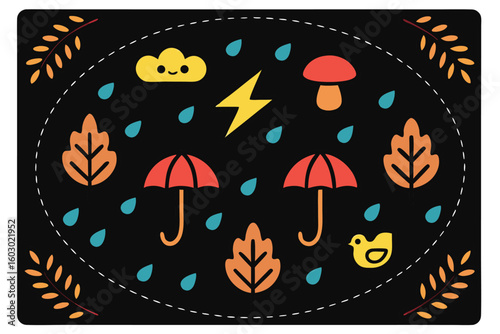 Whimsical autumn scene with umbrellas rain cloud lightning bird fall season