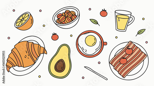 Healthy Breakfast Doodle Vector Illustration – Line art of morning food including eggs, toast, croissant, juice, coffee, avocado, and fruits in a colorful flat design style.


