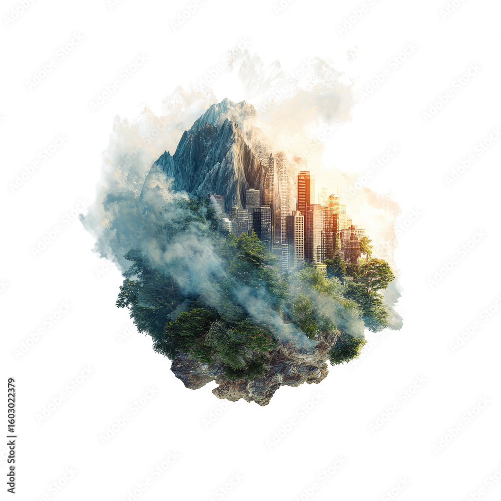 Fototapeta premium City nestled within a mountain cloud