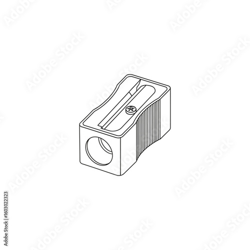 A line drawing of a small rectangular pencil sharpener with a round hole and blade on white background
