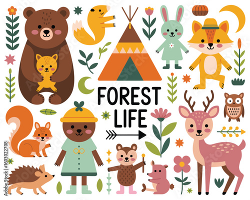 Set of cute woodland animals, Scandinavian forest elements, and kids characters. Nursery design collection with plants, trees, and nature elements isolated on white background