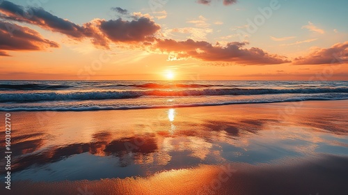 A vibrant sunset over the ocean with colorful clouds reflecting on the wet sandy beach.