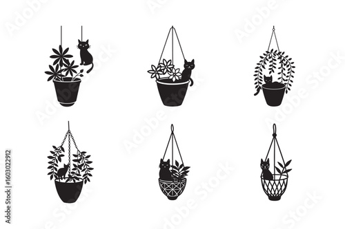  double hanging flowerpots with flowers line art set bundle