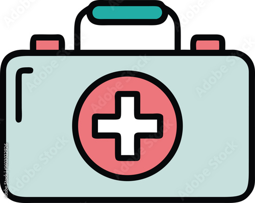 Illustrated First Aid Kit with Teal Handle and Pink Medical Cross Design