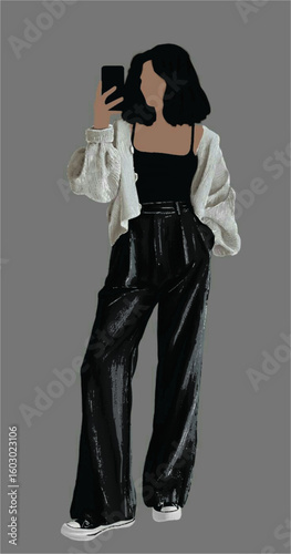 A woman in black top and pants with a white cardigan taking a selfie with a phone in her hand