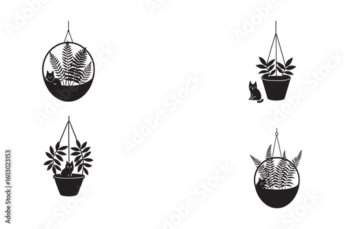  double hanging flowerpots with flowers line art set bundle