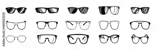 Sunglasses & Eyeglasses Collection: A stylish monochrome line art illustration showcases a diverse range of eyewear styles, from classic sunglasses to modern eyeglasses, perfect for design projects.