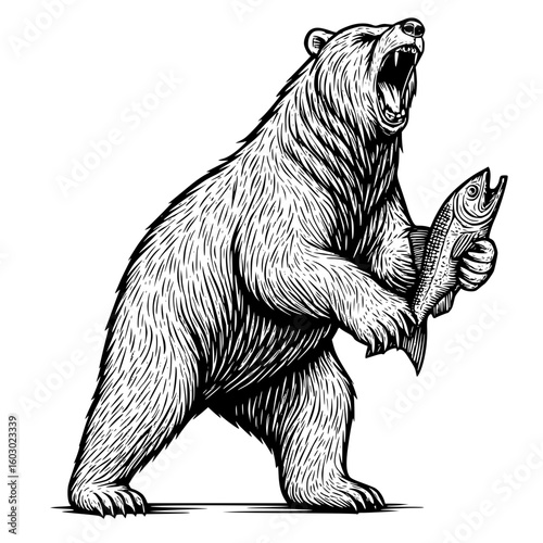 Grizzly Bear with Fish: A powerful grizzly bear, rendered in a striking artistic illustration, stands triumphantly, clutching a fresh catch with its jaws wide open. A bold.