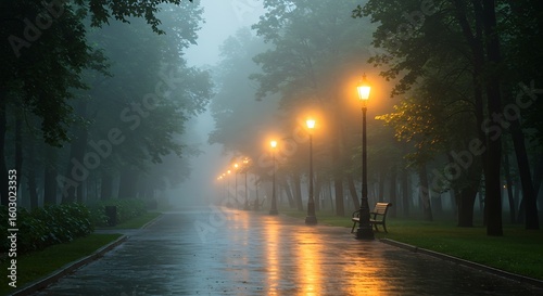 Misty Rainy City Park with Warm Glowing Vintage Lamp Posts, Wet Reflections, and Arching Green Trees in Morning Fog