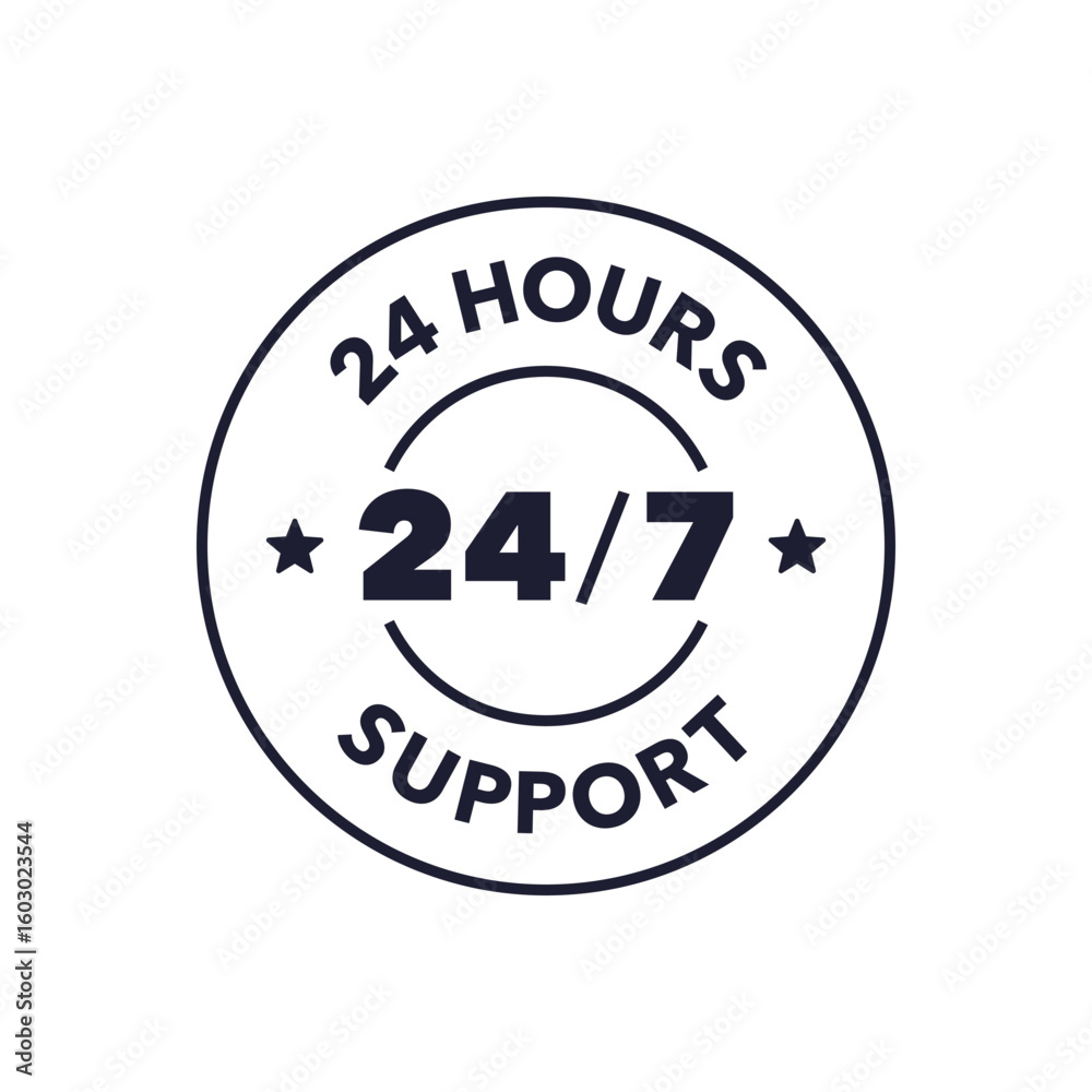 Obraz premium 24/7 Support Badge with Clock Symbol in Circular Customer Service Icon Design