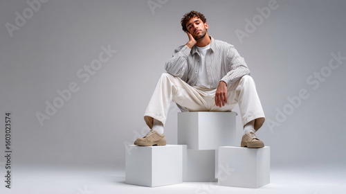 A man is sitting on top of three white boxes