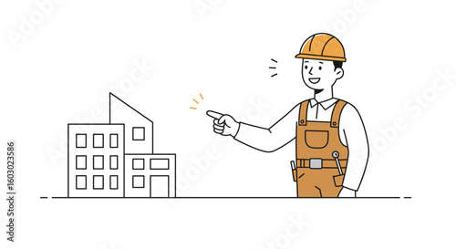 Engineer pointing at building blueprint in minimalist design