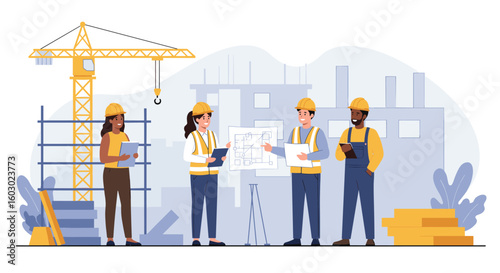 Diverse construction team collaborating on building project plans