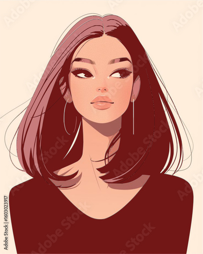 Illustration of a stylish woman with auburn hair wearing hoop earrings and a black v neck shirt